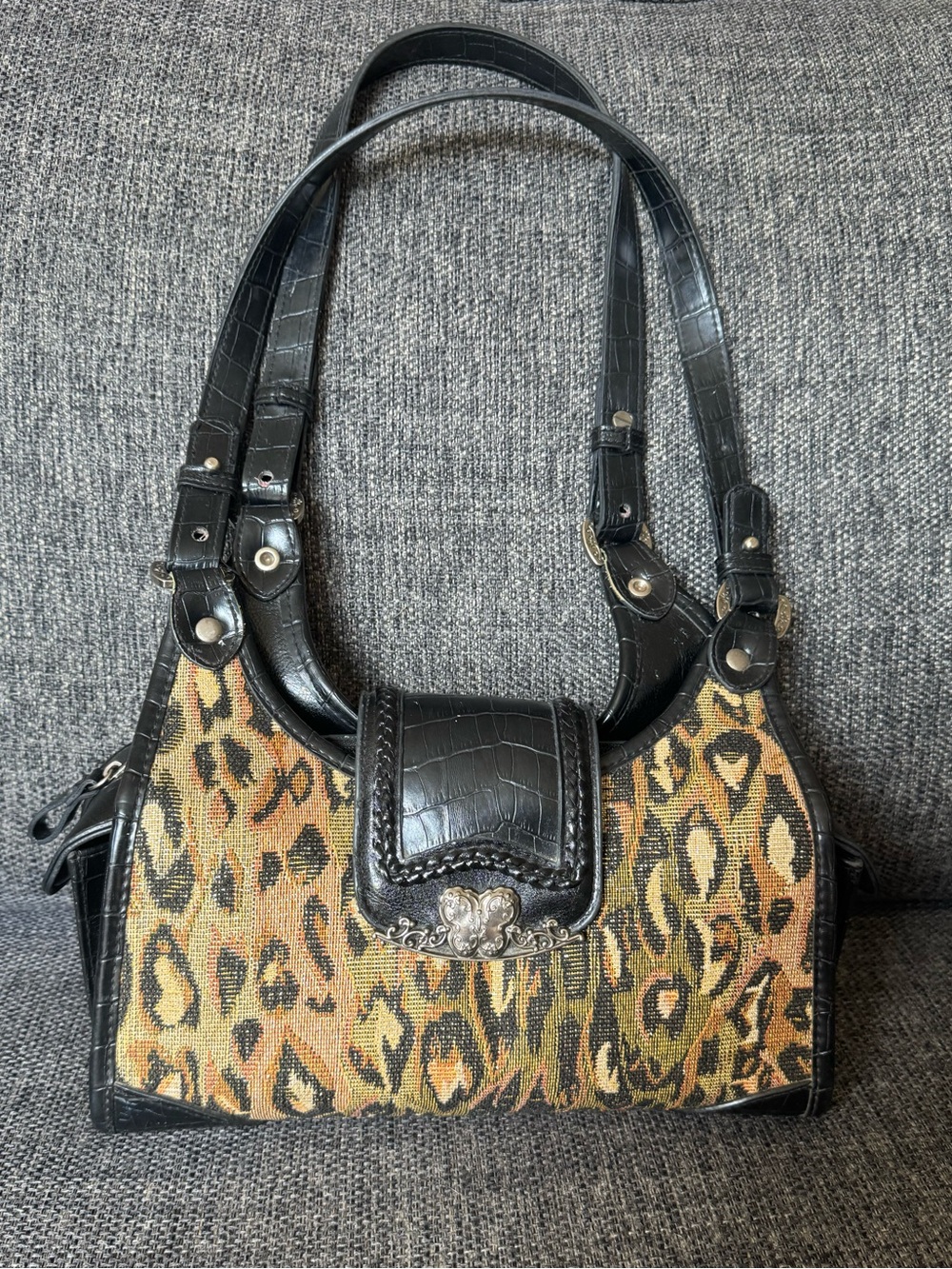 Y2K Bueno Leopard Print Shoulder Bag with Black Leather Trim & Butterfly Detail - Picture 1 of 15